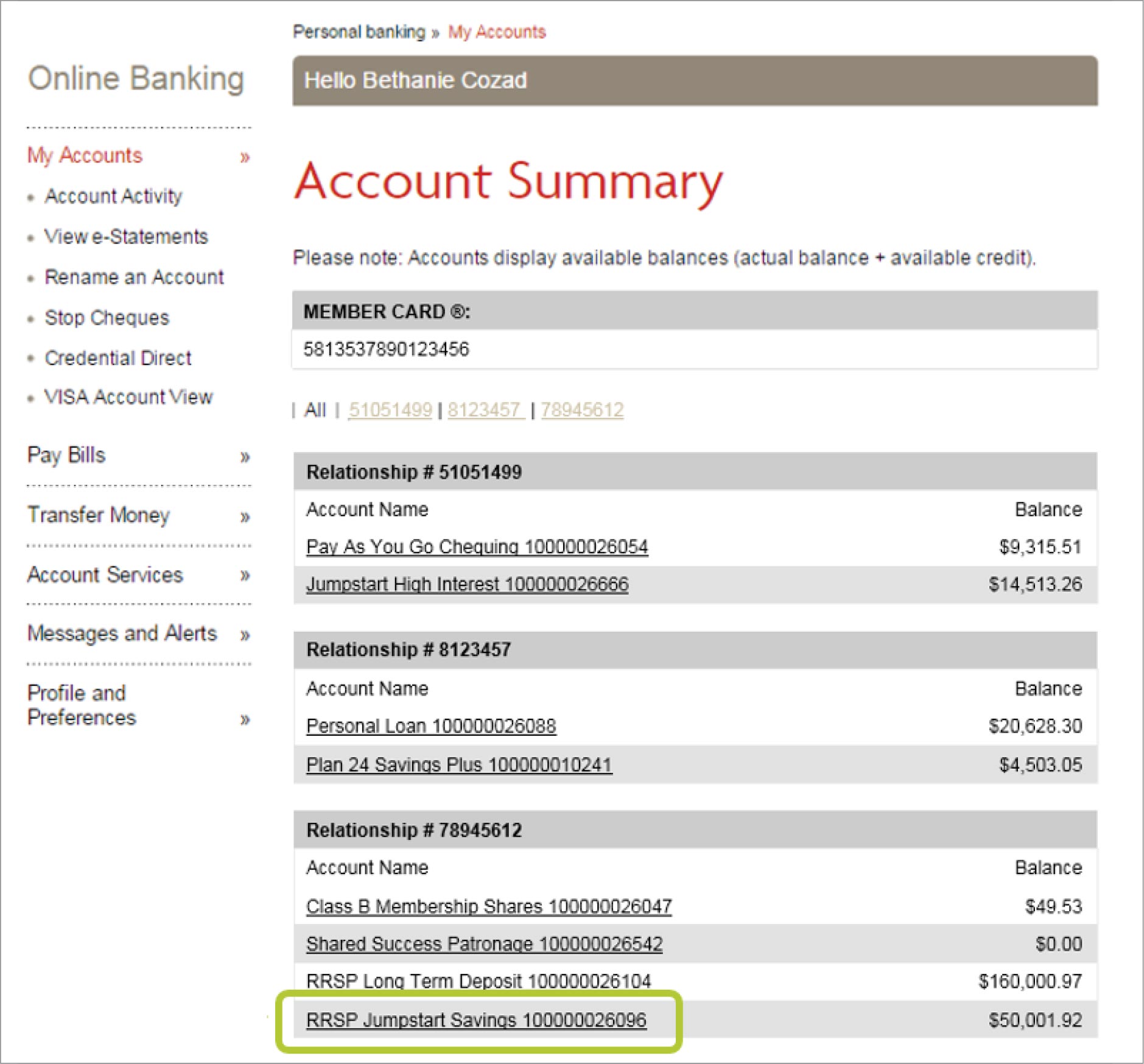 Online banking desktop view